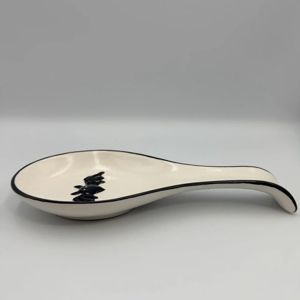 Halloween Bats Black White Ceramic Spoon Rest Spooky Fun 9.5